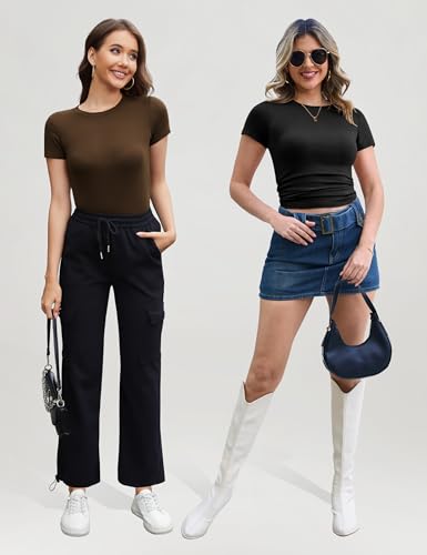 CE' CERDR 3/5 Pack Womens T Shirts Crew Neck Short Sleeve Shirts for Women Casual Basic Tees Fitted Stretchy Layering Tops