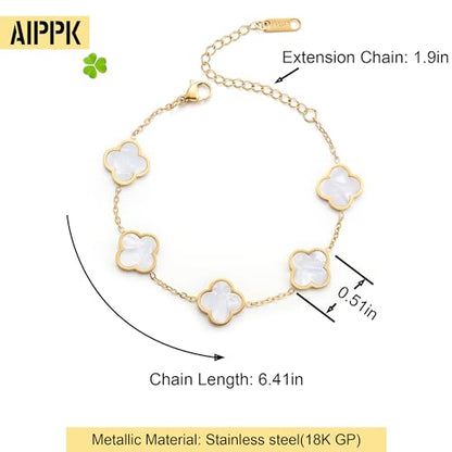 AIPPK 18K Gold Plated Clover Lucky Bracelet Dupes for Women White Flower Four Leaf Bracelets Trendy Jewelry Gifts for Women