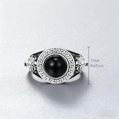 QKABTI Men's 925 Sterling Silver Greek Key Lion Ring, Black Onyx Regal Statement Band for Men Size 11