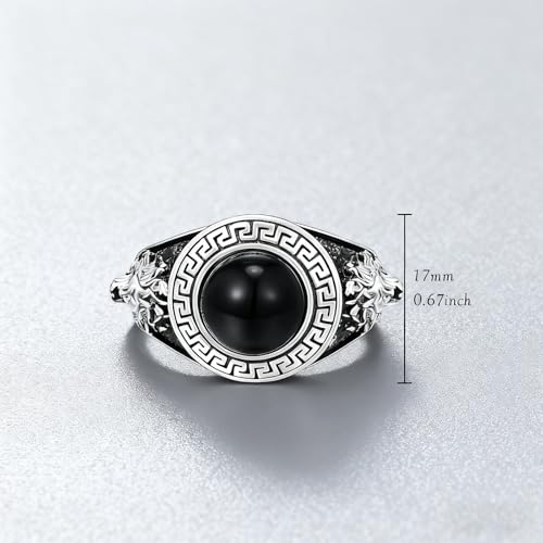 QKABTI Men's 925 Sterling Silver Greek Key Lion Ring, Black Onyx Regal Statement Band for Men Size 11