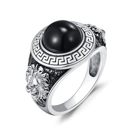QKABTI Men's 925 Sterling Silver Greek Key Lion Ring, Black Onyx Regal Statement Band for Men Size 11
