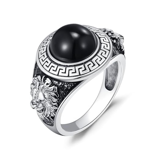 QKABTI Men's 925 Sterling Silver Greek Key Lion Ring, Black Onyx Regal Statement Band for Men Size 11