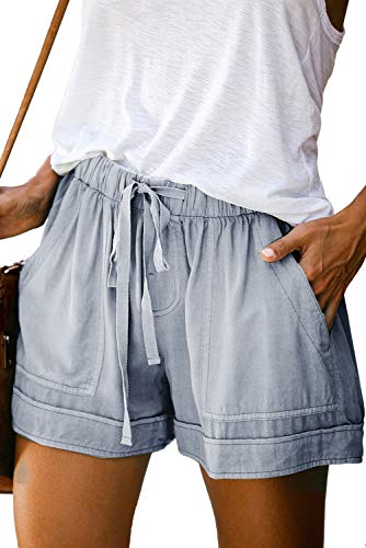 Mosucoirl Women Comfy Drawstring Casual Elastic Waist Pure Color Shorts Summer Beach Lightweight Short Pants with Pockets(A Light Blue,Large)