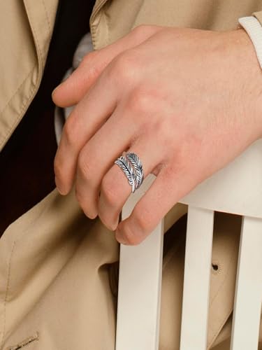 AVECON 925 Sterling Silver Ring Adjustable Feather Ring Stacking Ring Vintage Statement Ring for Women & Men