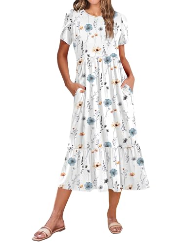 Zeagoo Tee Shirt Dress for Women Summer Short Sleeve Tiered Midi Dresses Boho A Line Casual Loose Sundress with Pockets Shift Crew Neck Dress White Floral L