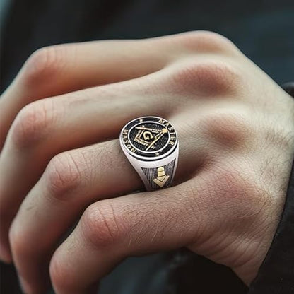 Rikelus Freemason Signet Ring for Men, 925 Sterling Silver 10K 14K 18K Gold White Rose Yellow Gold Freemason Signet Ring, Custom Engraved Masonic Master Mason Freemason Ring Jewelry Gift
