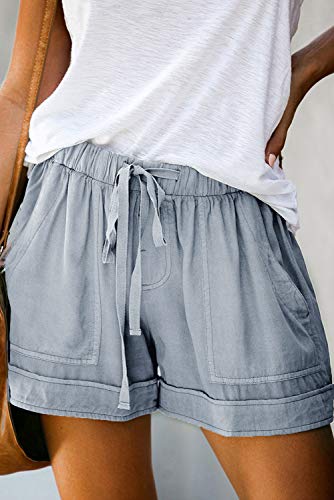 Mosucoirl Women Comfy Drawstring Casual Elastic Waist Pure Color Shorts Summer Beach Lightweight Short Pants with Pockets(A Light Blue,Large)