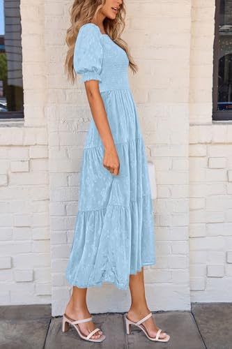 PRETTYGARDEN Women's 2026 Summer Casual Midi Dresses Square Neck Short Sleeve Smocked A Line Floral Flowy Elegant Boho Dress (Light Blue,Small)