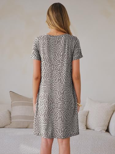 ANRABESS Women's Summer T Shirt Dress Casual V Neck Short Sleeve Floral Boho Flowy Mini Dresses 2026 Beach Vacation Clothes Light Brown White Spots Large