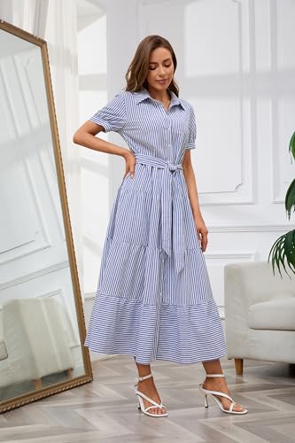utcoco Womens Casual Short Sleeve Button Down Tie Waist Ruffled Striped Maxi Shirt Dress (Small, Blue)