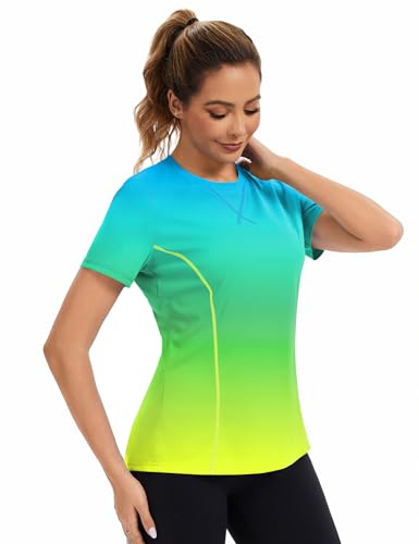 Avoogue Women's Activewear Short Sleeve UV Shirts Moisture Wicking Loose Workout Running Gym Tops Outfits Rashguard(Blue Gradient Yellow,L)