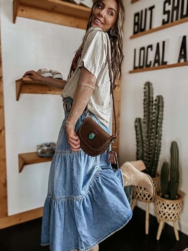 utcoco Women's High Waist Long Denim Skirt Button-Fly Tiered Ruffle Swing A-Line Jean Maxi Skirt with Pockets (Large, Blue)