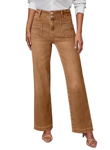 Sidefeel Women's Wide Leg Jeans Woman Fall Outfit Trendy Stretchy High Waisted Straight Leg Denim Pants Brown Size 8