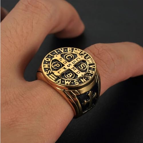 MRENITE Personalized 10K 14K 18K Gold Catholic St Saint Benedict Cross Ring for Men Round Pinky Signet Ring Custom Size Engraved Name Religious Gift Ring for Father