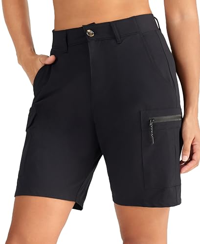 Oalka Women's Hiking Cargo Shorts Bermuda Lightweight Golf Camping 9" Long Shorts with Pockets Quick Dry Black L