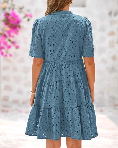 BTFBM Womens Boho Summer Dresses 2026 Spring V Neck Short Sleeve Hollow Out Lace Ruffle Casual Beach Mini Vacation Dress(Grey Blue, Large)