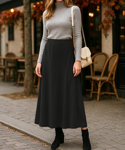 YSYOKOW Long Skirts for Women Flowy Elastic High Waist Midi A-line Skirt for 2026 Casual Boho Trendy(Black, Small)