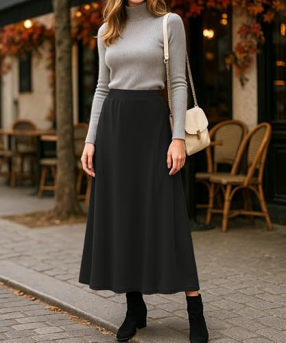 YSYOKOW Long Skirts for Women Flowy Elastic High Waist Midi A-line Skirt for 2026 Casual Boho Trendy(Black, Small)