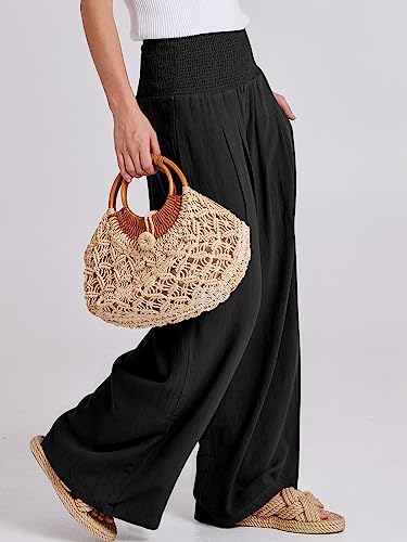 ANRABESS Women Linen Palazzo Pants Summer Boho Wide Leg High Waist Casual Lounge Pant 2026 Beach Travel Vacation Outfits Black Medium