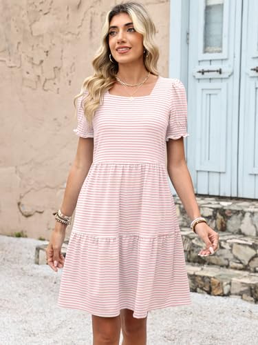 ANRABESS Women Summer Square Neck Puff Short Sleeve Mini Dress 2026 Casual Flowy Striped Sundress Beach Vacation Clothes with Pockets Pink Striped Large