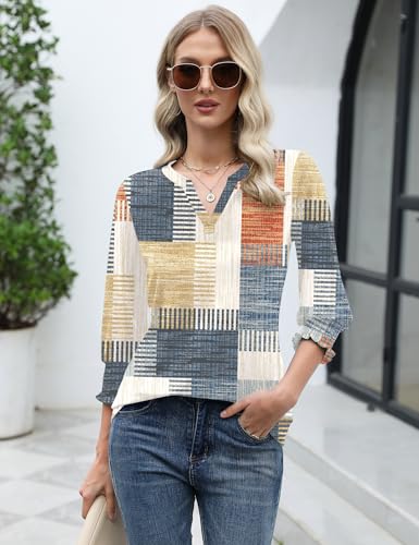LOMON Blouses for Women Dressy Casual 3/4 Sleeve Tops for Women V Neck T Shirt Ladies Tops and Blouses Orange Blue Print L