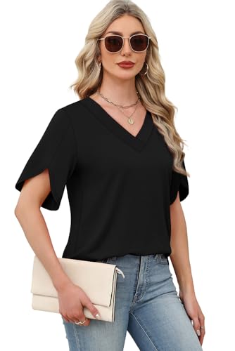 WIHOLL Womens Tops Short Sleeve Shirts Summer Outfits 2026 Blouses for Women Dressey Casual Cute Tops Beach Vacation Clothes Fashion Clothing Business Black XXL