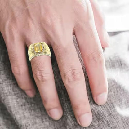 CTIEIP 10K 14K 18K Gold Men's 3 Carat Emerald Cut Citrine Engagement Ring with Diamonds Emerald Cut Citrine Wedding Anniversary Ring for Men Size 4-16