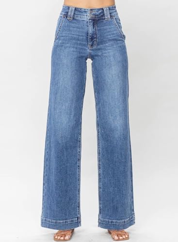 Astylish Women's Pants Wide Leg Jeans Woman Tummy High Waist Double Button Bootcut Trousers Stretchy Vintage Denim Jean Pants with Slanted Pockets Size 10 Sky Blue