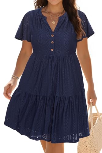 Talisea Navy Blue Dress for Women Plus Size Eyelet Summer Casual Beach Work Short Sleeve Ruffle Tiered Button Flowy Sundress
