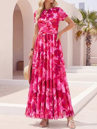 BTFBM Summer Dresses for Women 2026 Formal Short Sleeve Floral Homecoming Dress Maxi Wedding Guest Vacation Outfits(Floral Pink,Large)