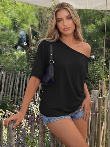 Trendy Queen Womens Off the Shoulder Tops Oversized T-Shirts Short Sleeve Tees Summer 2026 Casual Slouchy Tunic Clothes Workout Gym Y2k Cute Going Out Plus Size Clothing Black XL
