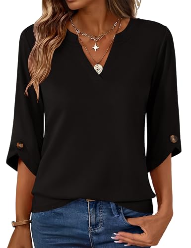 Kistore Blouses for Women Dressy Casual 3/4 Sleeve Dress Shirts Spring V Neck Office Going Out Wear Tops Black M