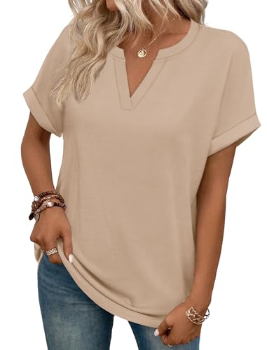 WIHOLL Womens Summer Blouses 2026 Spring Dressy Casual Tops Short Sleeve Tshirts Shirts Khaki M
