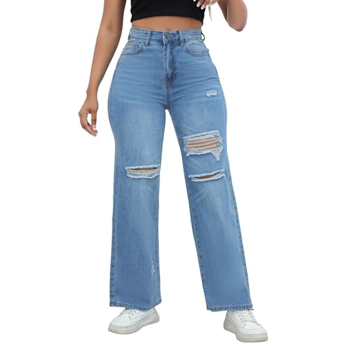 THUNDER STAR Womens High Waisted Wide Leg Jeans Stretchy Distressed Denim Pants Light Blue M