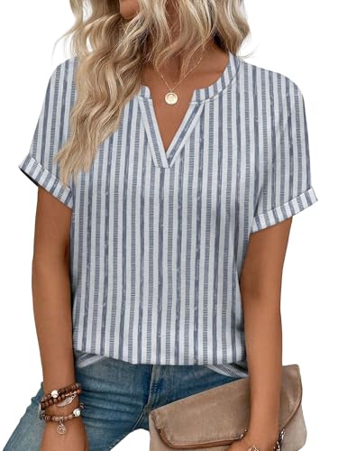 WIHOLL Womens Boho Tops 2026 Summer Short Sleeve Tshirts Shirts Spring Dressy Casual Blouses Airport Trendy Outfits L Blue Stripe