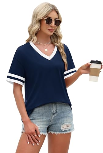 WIHOLL Womens Summer Tops for Women Trendy Women's Tops V Neck Tshirts Shirts for Women Plus Size Spring Clothes 2026 Short Sleeve Blouses Dressy Casual Ladies Striped Work Navy Blue L
