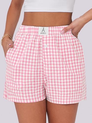 ANRABESS Boxer Shorts for Women Gingham Pajama 2026 Summer Casual Lounge Sleep Plaid Shorts Y2K Beach Bottoms Pink White Plaid Medium