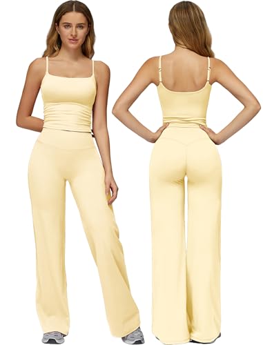 ABOCIW Workout Sets for Women 2 Piece Spaghetti Straps Crop Tank Top with Built in Pads Matching Wide Straight Leg Yoga Pants Leggings Pilates Outfits Gym Activewear Light Yellow X-Small