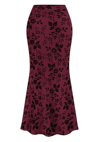 BTFBM Womens Floral Mesh Maxi Skirt 2026 Spring Summer Elastic High Waisted Boho Elegant Mermaid Long Skirts for Women(Burgundy, Medium)