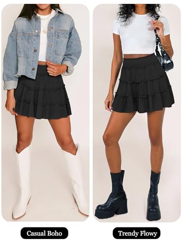 Caracilia Womens Summer Flowy Mini Skorts Skirts High Waist Ruffle Tiered Casual Cute Boho Beach Short Skirts Built-in Shorts Black Large