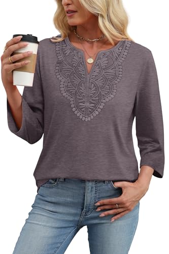 WIHOLL 3/4 Length Sleeve Womens Tops for Women Trendy Plus Size Womens Clothing V Neck T Shirts for Women Blouses Spring Top for Women 2026 Beach Vacation Clothes Lace Cute Tops Purple 2XL