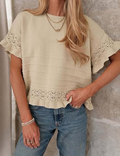 Yeokou Womens Short Sleeve Sweater Round Neck Ruffled Hem Knit Crochet Pullover Summer Fall Casual Top Blouse(Khaki-M)
