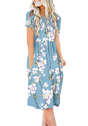 DB MOON Women Casual Short Sleeve Dresses Empire Waist Knee Length Dress with Pockets (Flower Light Blue, L)