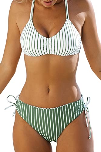 CUPSHE Women's Bikini Swimsuit Striped Reversible Bottom Lace Up Two Piece Bathing Suit, S