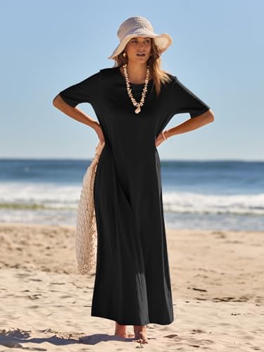 MEROKEETY Summer Casual Maxi Dresses for Women 2026 Vacation Crew Neck Short Sleeve Modest Long T Shirt Dress with Pockets, Black, X-Large