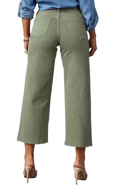 Allimy Women's High Waisted Straight Ankle Wide Leg Ripped Jeans Frayed Hem Stretchy Capri Denim Pants Olive Size 4