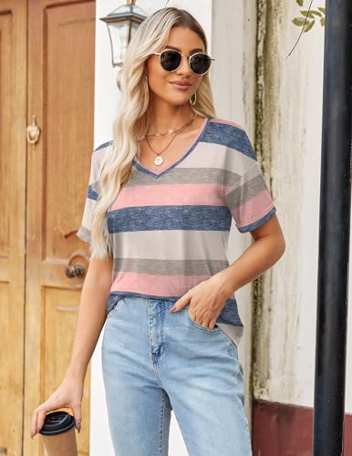 Zeagoo Women Shirts and Blouses Soft V Neck Short Sleeve Striped Pink Blue Loose Casual Summer Tops 2XL