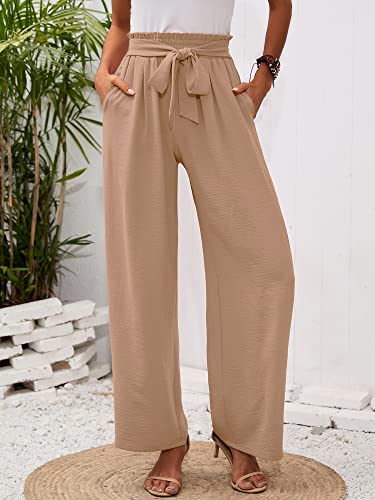 Heymoments Women's Wide Leg Lounge Pants with Pockets Khaki Medium Lightweight High Waisted Adjustable Tie Knot Loose Comfy Casual Trousers