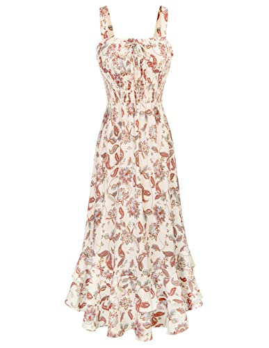 GRACE KARIN Women's 2025 Summer Floral Boho Dress Square Neck Strapped Swing A Line Sundress Beach Long Maxi OutfitsBeige L
