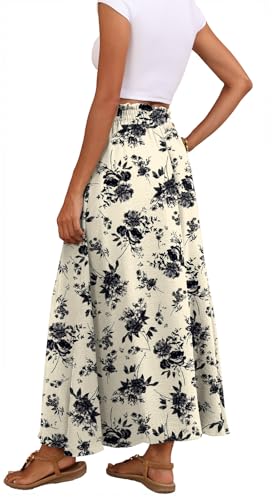 Askyes Womens Maxi Skirts Elastic High Waisted Casual Floral Flowy Wedding Guest Long Skirts with Pockets,XL
